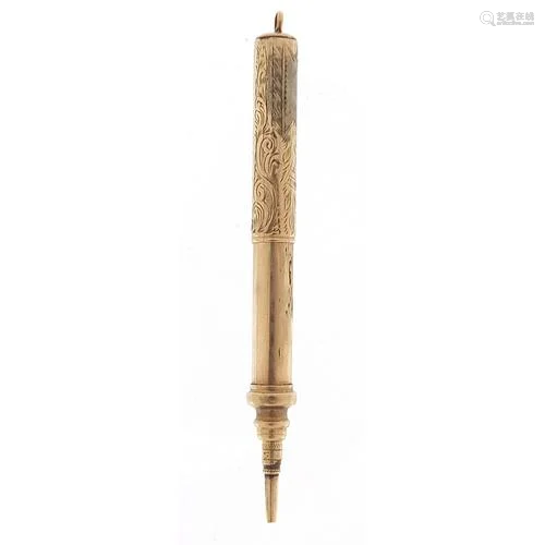 9ct gold propelling pencil with engraved decoration, 7cm in ...