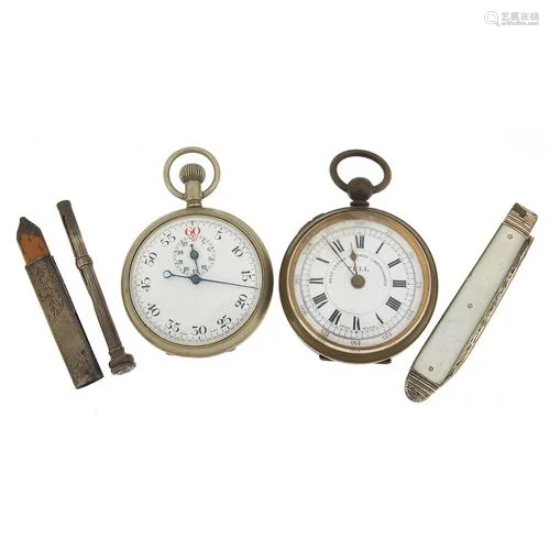 Objects including a Tell chronograph pocket watch and Georgi...