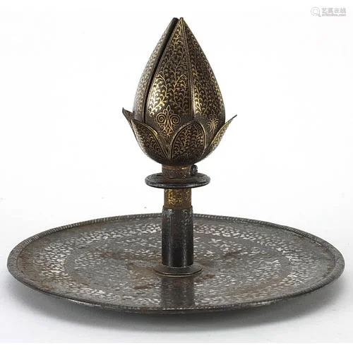 19th century Islamic damascene flower candle holder, 13cm hi...