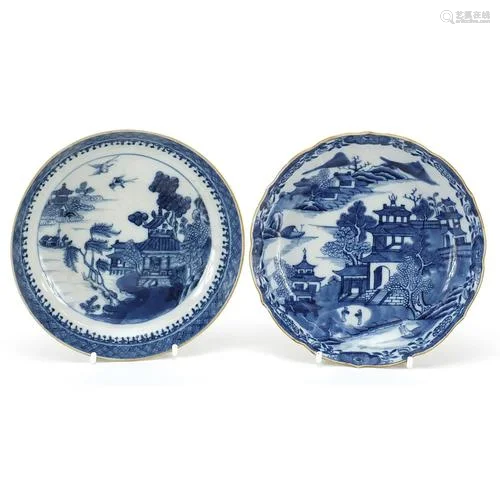 Two Chinese blue and white porcelain dishes decorated in the...