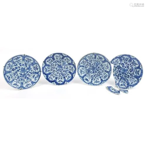 Four Chinese blue and white porcelain plates hand painted wi...