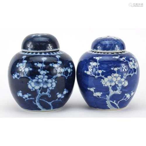 Two Chinese blue and white porcelain ginger jars with covers...