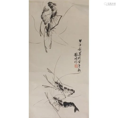 Three shrimp, Chinese ink on paper, signed Lu Jingxiu, 68cm ...