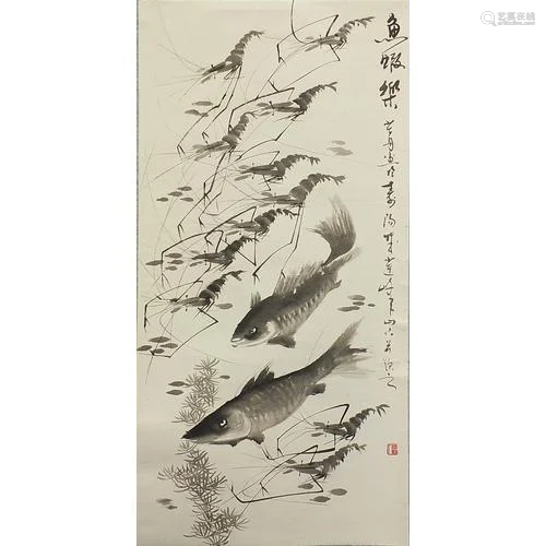 Style of Qi Baishi, Fishing shrimp, Chinese ink wall hanging...