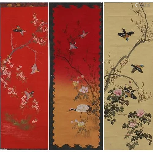 Three Chinese wall hanging scrolls hand painted with birds