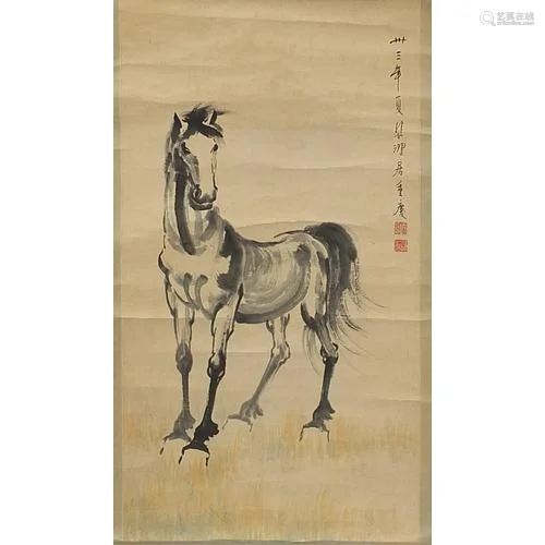 Chinese wall hanging scroll hand painted with a horse with r...