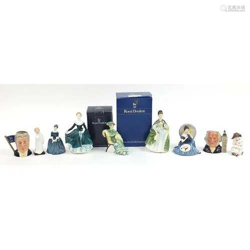 Royal Doulton figurines and two character jugs including Pen...