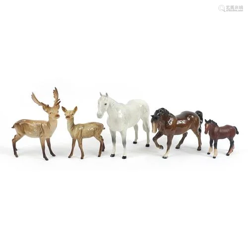 Five Beswick animals including a dapple grey horse, stag and...