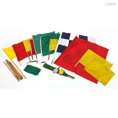 Collection of railway signaling flags and and three enamelle...