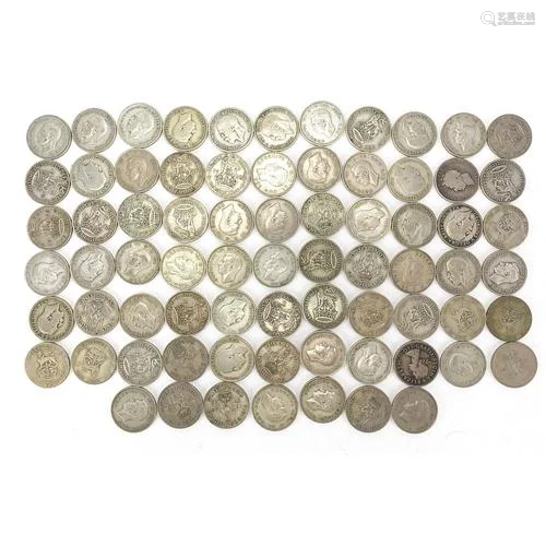 Selection of British pre 1947 coinage including shillings, 4...