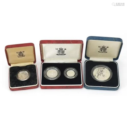 Modern British silver proof coin sets comprising 1990 five p...