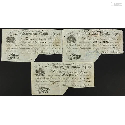 Three 19th century Faversham Bank five pound notes with cons...