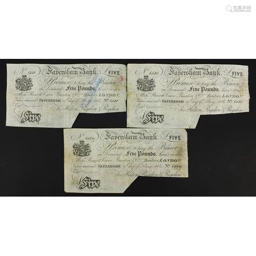 Three 19th century Faversham Bank five pound notes with cons...