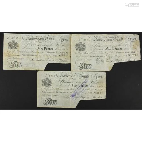 Three 19th century Faversham Bank five pound notes numbered ...