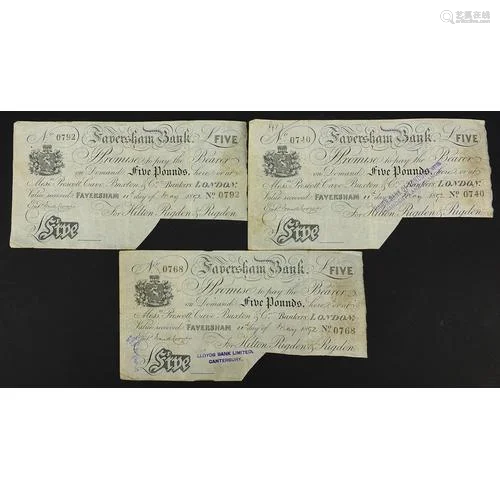 Three 19th century Faversham Bank five pound notes numbered ...