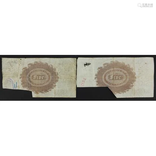 Two 19th century Faversham Bank five pound notes with consec...