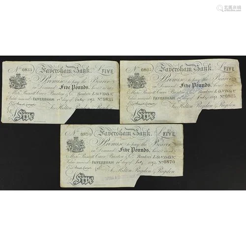 Three 19th century Faversham Bank five pound notes numbered ...