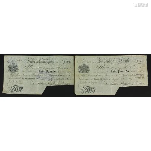 Two 19th century Faversham Bank five pound notes numbered 03...