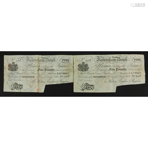 Two 19th century Faversham Bank five pound notes numbered 85...