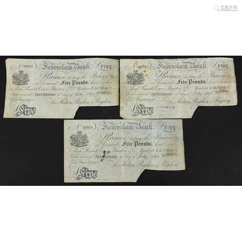 Three 19th century Faversham Bank five pound notes numbered ...