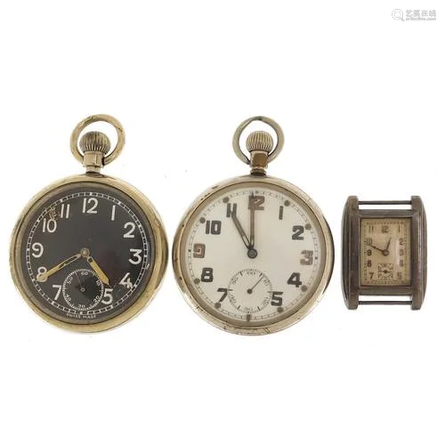 Two military interest pocket watches and a silver trench sty...