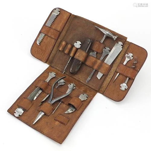 German military interest leather cased travelling tool set, ...