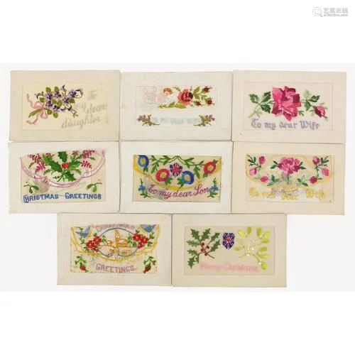 Eight military interest silk postcards including Christmas g...