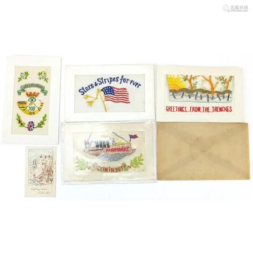 WWI Military interests silk postcards including naval HMS Ha...