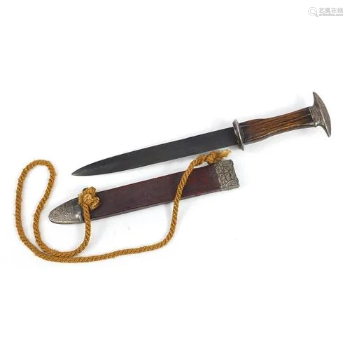 Unusual antique fighting knife with scabbard, oak handle and...