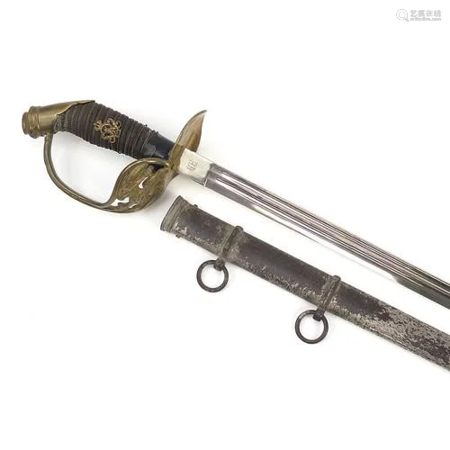 Military interest sword with scabbard and eagle basket hilt,...