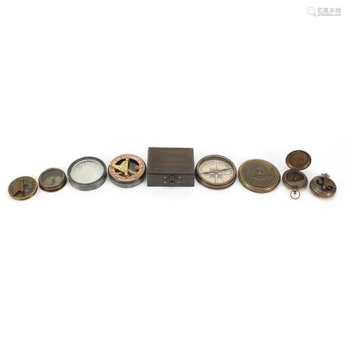 Five naval interest sextants and compasses, the largest 8cm ...