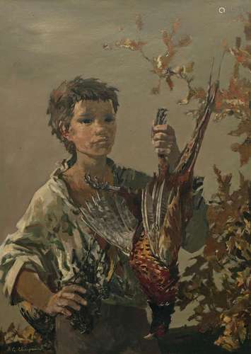 JEUNE CHASSEUR AU FAISAN. Huile sur toile, signée en bas à g...