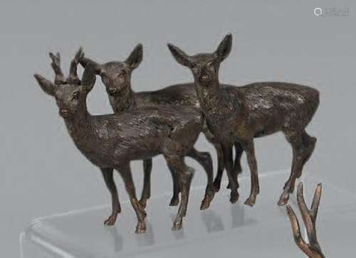 Jeune cerf et deux biches. Marqué Geschützt. H: 8 cm. L. : 1...