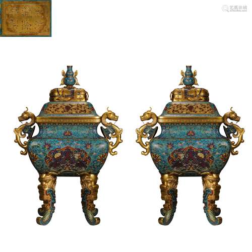 A PAIR OF QIANLONG CLOISONNE SQUARE FURNACES, QING DYNASTY, ...