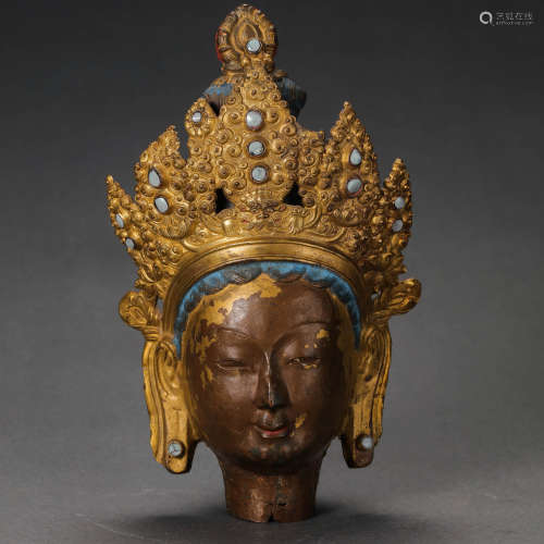 CHINESE QING DYNASTY GILT BRONZE BUDDHA HEAD