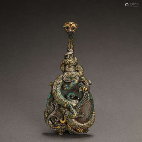 CHINA'S WARRING STATES PERIOD BRONZE BELT HOOK INLAID WITH G...