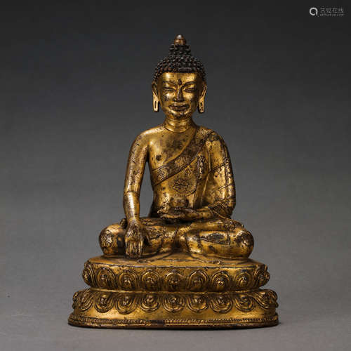 CHINESE QING DYNASTY GILT BRONZE SEATED BUDDHA STATUE