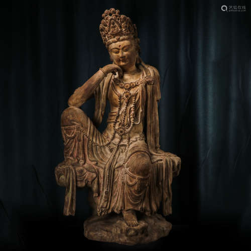 CHINESE NORTHERN SONG DYNASTY WOOD CARVING GUANYIN SEATED ST...