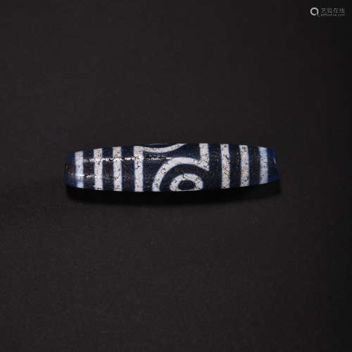 CHINESE TANG DYNASTY BLUE CHALCEDONY DZI BEAD WITH TWO LINES...