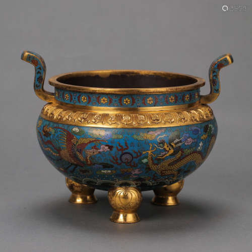 CLOISONNE THREE-LEGGED DOUBLE-EARED DRAGON AND PHOENIX PATTE...