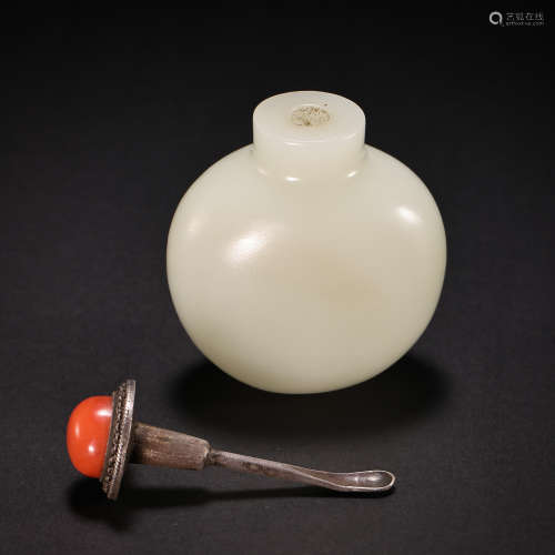 CHINESE QING DYNASTY HETIAN JADE INLAID CORAL SNUFF BOTTLE, ...