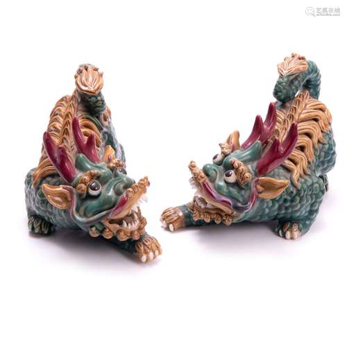 PAIR OF SANCAI GLAZED QILIN FIGURES