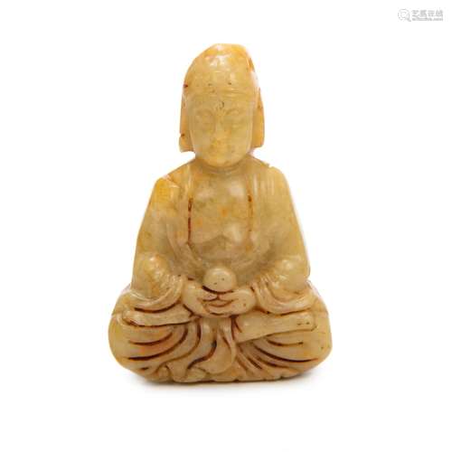 CARVED YELLOW JADE SEATED BUDDHA TOGGLE