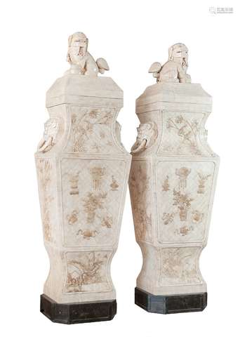 LARGE PAIR OF CARVED BONE VASES WITH LID