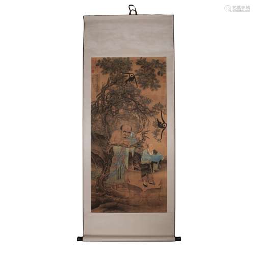 CHINESE PIANT ON SILK SCROLL IMMORTAL WITH MONKEYS