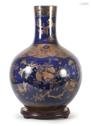 CHINESE PORCELAIN PARCEL GILT BLUE GROUND VASE