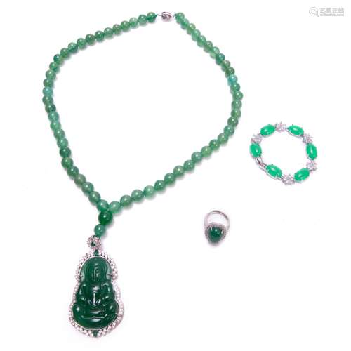 SET 3 JADE NECKLACE BRACELET AND RING