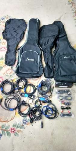 ELECTRIC GUITAR BAGS AND VARIOUS PLUGS AND WIRES