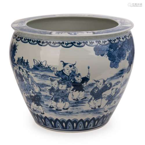Large Chinese Blue And White Boys Fish Bowl