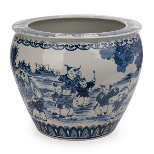 Large Chinese Blue And White Boys Fish Bowl